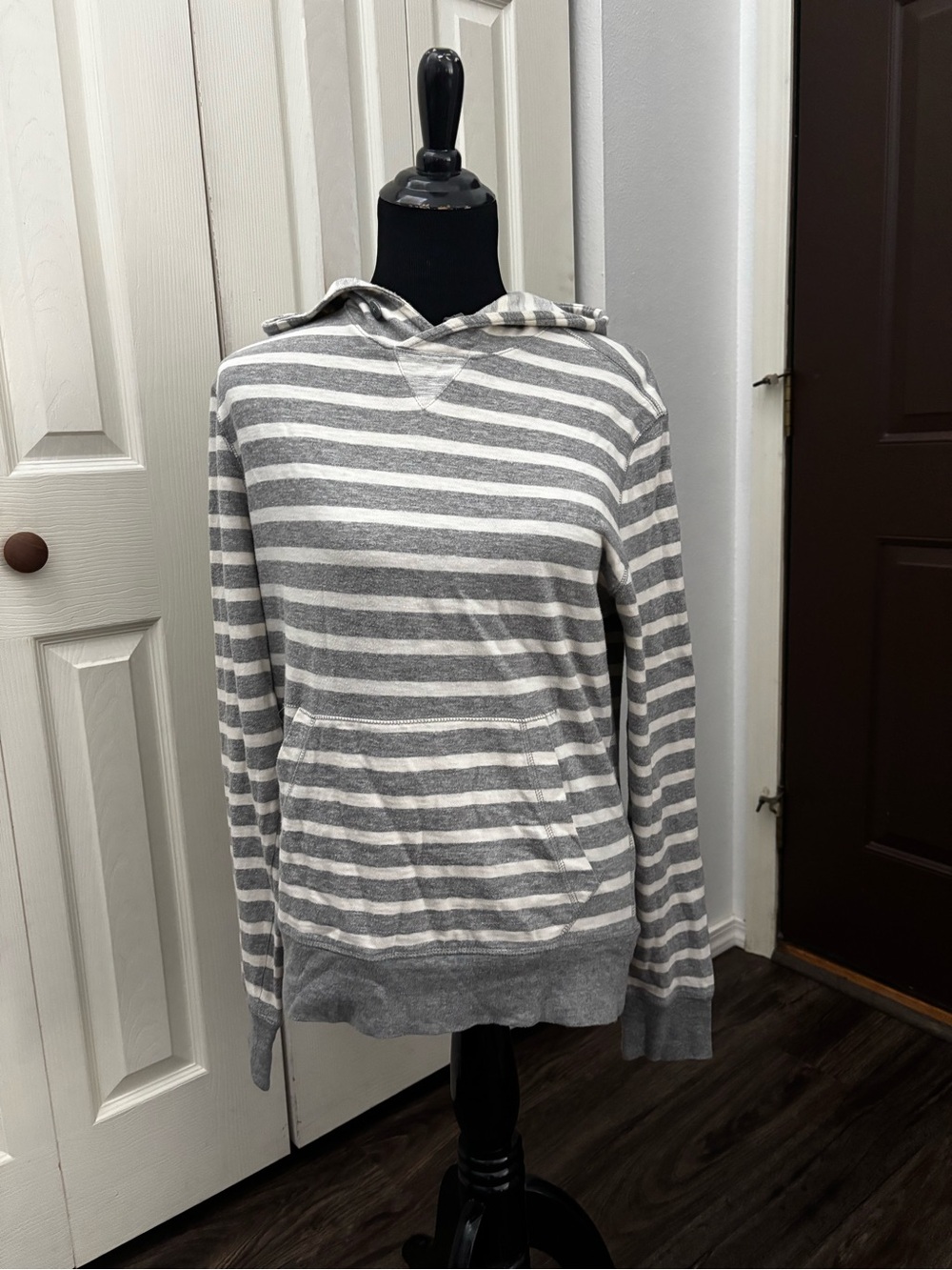 Banana Republic Gray and White Striped Hooded Pullover